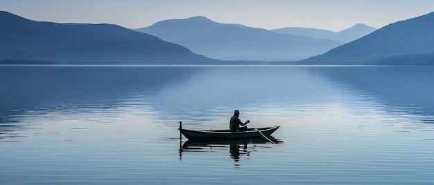Ein Mann in einem kleinen Fischerschiff auf ruhigem blauem Wasser eines Sees