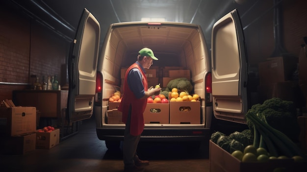Foto ein mann in einem lieferwagen mit offener hintertür und einer kiste mit obst und gemüse hinten.
