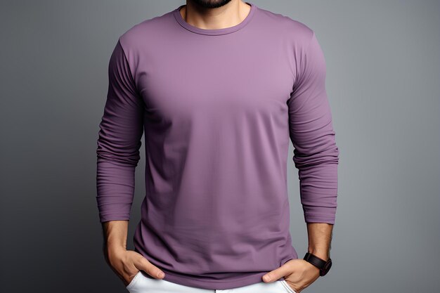 Ein Mann in einem lila Langarm-T-Shirt steht vor einem grauen Hintergrund