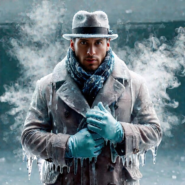 Foto ein mann in einem mantel, kalt gefroren und mit eis bedeckt