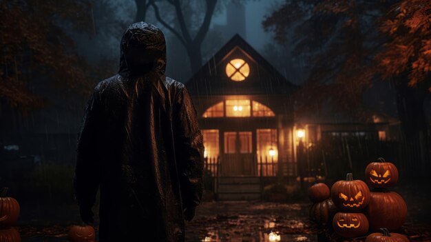 Ein Mann in einem Mantel steht vor einem Haus mit dem Rücken zur Kamera. Halloween-Feiertag, düsteres Haus, Jack