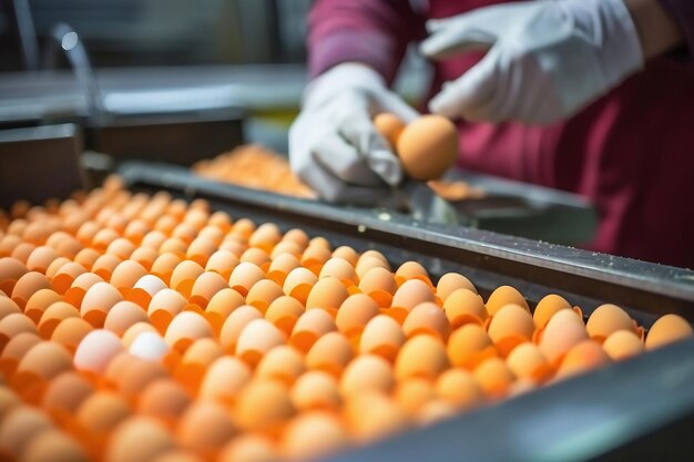 Ein Mann in einem Morgenmantel und Handschuhen sortiert Hühnereier. Hühnereier bewegen sich auf dem Förderband auf der Geflügelfarm. Das Konzept der Lebensmittelindustrie ist die Produktion von Hühnereiern