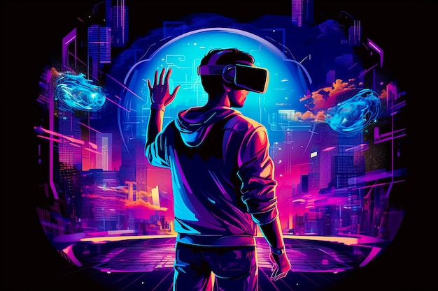 Ein Mann in einem Neon-Hoodie blickt auf eine futuristische Stadt mit einem Neonschild mit der Aufschrift „Virtuelle Realität“.