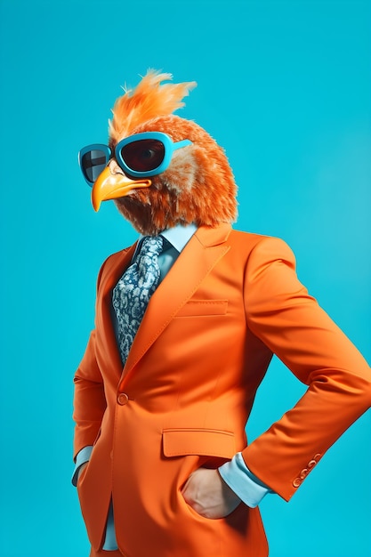 Ein Mann in einem orangefarbenen Anzug mit blauer Sonnenbrille und einem Vogelkopf.