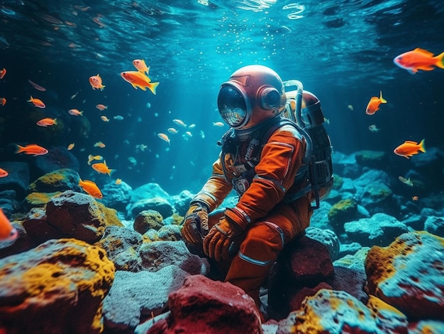 Ein Mann in einem orangefarbenen Anzug sitzt auf einem Korallenriff, um ihn herum schwimmt ein Fisch.