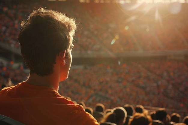 Ein Mann in einem orangefarbenen Hemd sitzt in einem Stadion und beobachtet ein Spiel