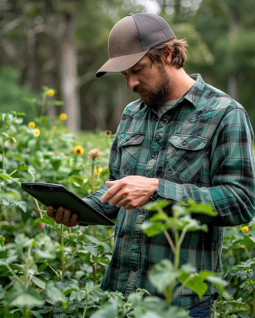 ein Mann in einem Plaid-Hemd benutzt eine Tablette in einem Sonnenblumenfeld