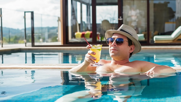 ein Mann in einem Pool mit Strohhut und Sonnenbrille