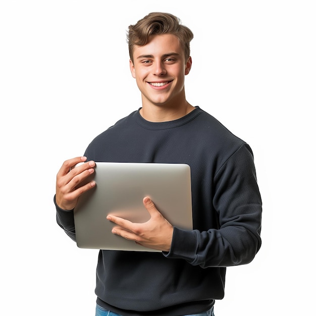 ein Mann in einem Pullover, der einen Laptop und einen weißen Hintergrund hält