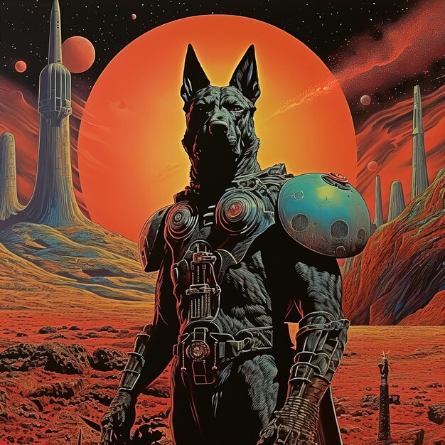ein Mann in einem Raumanzug mit einem Wolf auf dem Rücken und einem großen orangefarbenen Planeten im Hintergrund