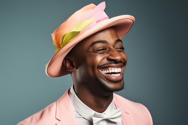 Ein Mann in einem rosa Anzug lächelt und lacht mit einem Lächeln im Gesicht.