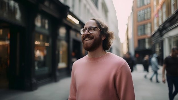 Ein Mann in einem rosa Pullover lächelt auf einer Straße.
