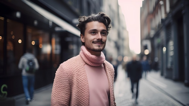 Ein Mann in einem rosa Pullover steht auf einer Straße in der Stadt Kopenhagen.