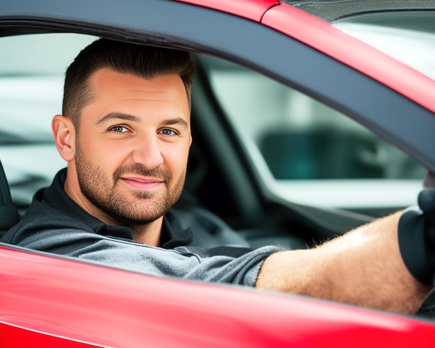 Foto ein mann in einem roten auto fährt mit blauem hemd