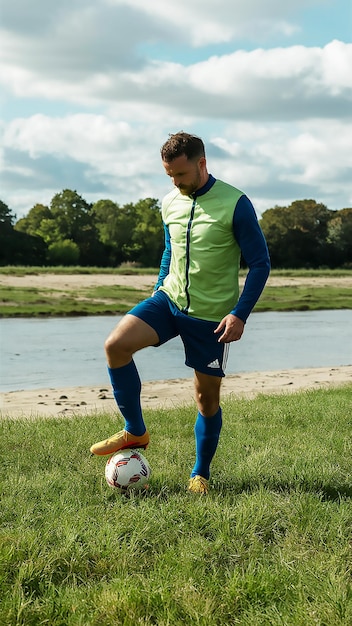 ein Mann in einem roten Hemd und blauen Shorts mit einem Fußball