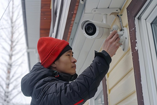 Ein Mann in einem roten Hut installiert eine Videokamera an der Fassade des Hauses