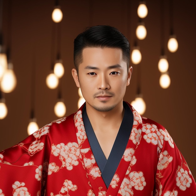 Ein Mann in einem roten Kimono mit weißem Blumendruck darauf.