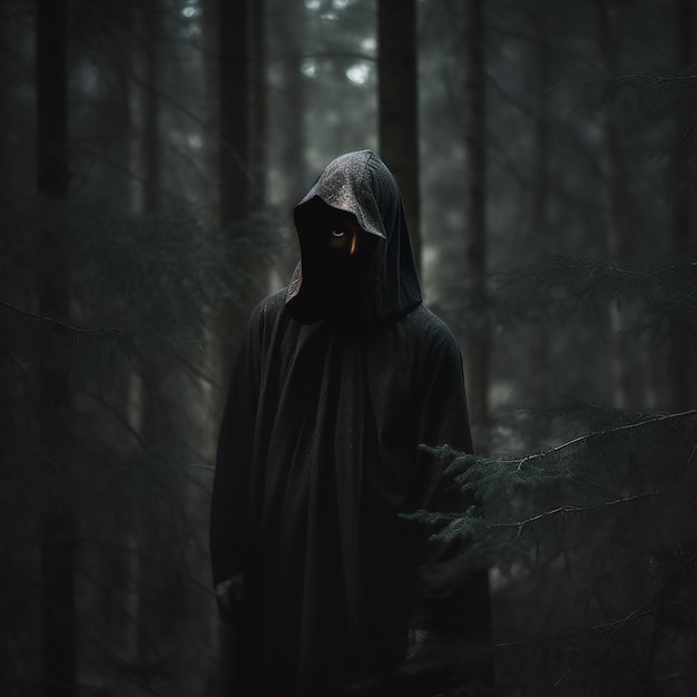 Ein Mann in einem schwarzen Hoodie steht in einem dunklen Wald mit dem Wort Geist darauf.