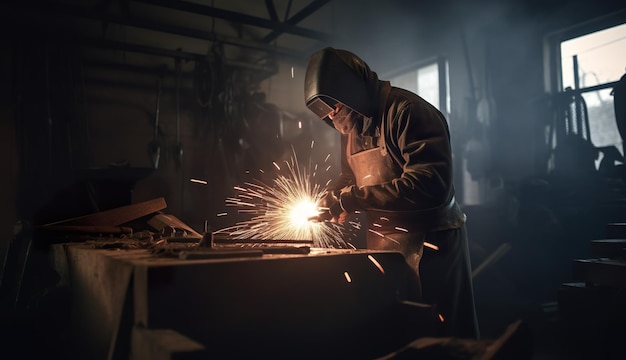 Ein Mann in einem schwarzen Kapuzenpullover schweißt ein Stück Metall generatives KI-Bild