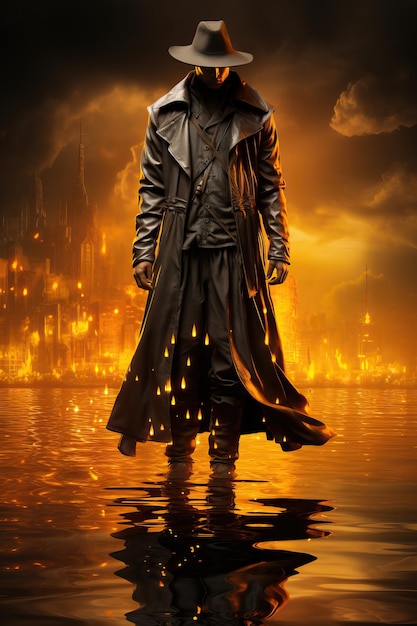 ein Mann in einem schwarzen Mantel steht im Wasser mit Flammen, die aus seinem Mund kommen
