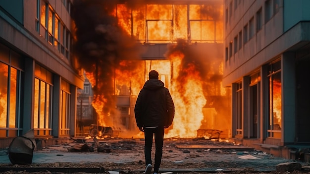 Ein Mann in einem schwarzen Mantel steht in der Mitte einer brennenden Stadtstraße