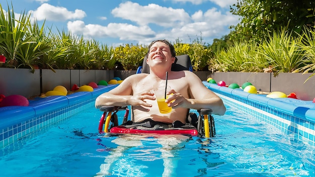 ein Mann in einem Schwimmbad mit einem Getränk in der Hand