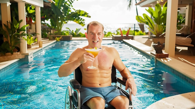 ein Mann in einem Schwimmbad trinkt ein Glas Orangensaft