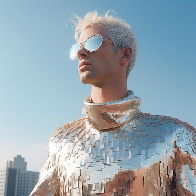 ein Mann in einem silbernen Outfit mit Sonnenbrille und einem Hemd, auf dem „das Wort“ steht.