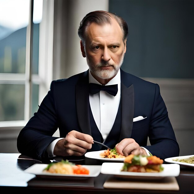 Ein Mann in einem Smoking sitzt an einem Tisch mit einem Teller mit Essen