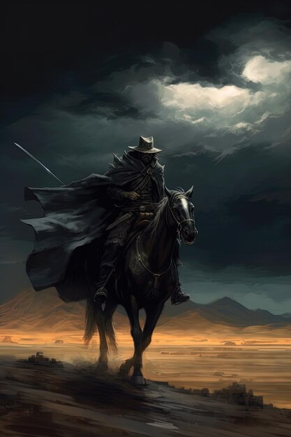ein Mann in einem Umhang reitet in der Dunkelheit auf einem Pferd