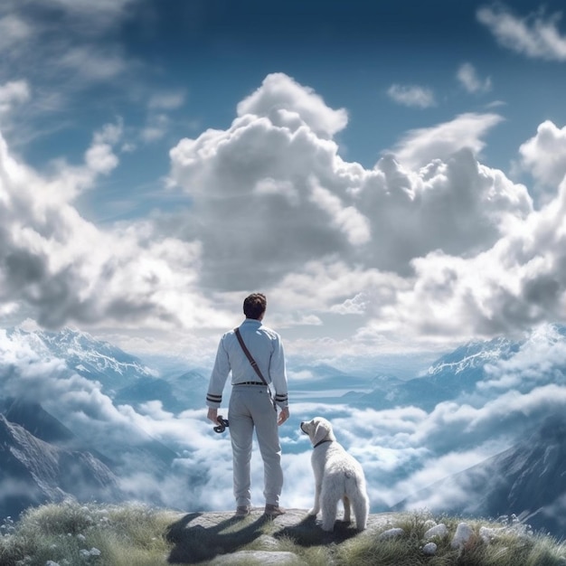 ein Mann in einem weißen Anzug steht vor einem Berg mit einem Hund und einem Hund.