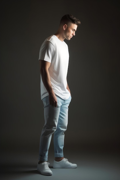 Ein Mann in einem weißen Hemd und einer blauen Jeans steht in einem dunklen Raum.