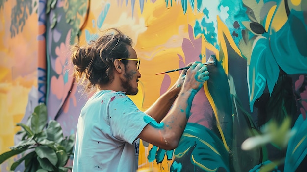 Ein Mann in einem weißen Hemd und Sonnenbrille malt ein Wandgemälde an einer Wand. Das Wandgemäld zeigt eine tropische Szene mit leuchtenden Farben und üppiger Vegetation.