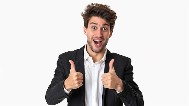 ein Mann in einem weißen Hemd zeigt nach rechts und zeigt nach rechts