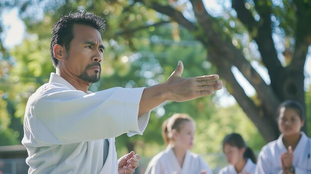 Foto ein mann in einem weißen karate-gi übt seine kata im freien, er ist von bäumen umgeben und es gibt einen blauen himmel im hintergrund.