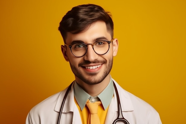 Ein Mann in einem weißen Kittel mit Brille und einem gelben Hemd mit gelbem Hintergrund