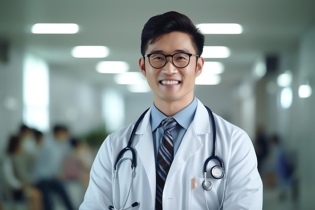 Ein Mann in einem weißen Laborkittel und einem Stethoskop um den Hals steht in einem Krankenhausflur.