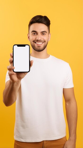 Ein Mann in einem weißen T-Shirt hält ein Handy hoch