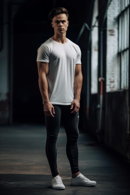 Ein Mann in einem weißen T-Shirt steht in einem dunklen Raum mit einem Fenster im Hintergrund.