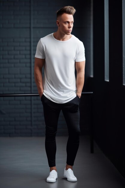 Ein Mann in einem weißen T-Shirt steht in einem dunklen Raum mit einer schwarzen Wand und Fenstern.