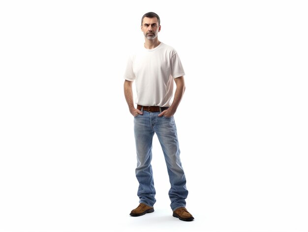 Foto ein mann in einem weißen t-shirt und blauen jeans steht vor einem weißen hintergrund.