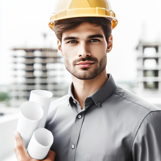 ein Mann in einer Baumeisteruniform befindet sich im Hintergrund im Bau