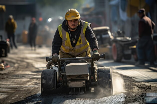 Foto ein mann in einer bauuniform und einem helm fährt eine straßenbaumaschine