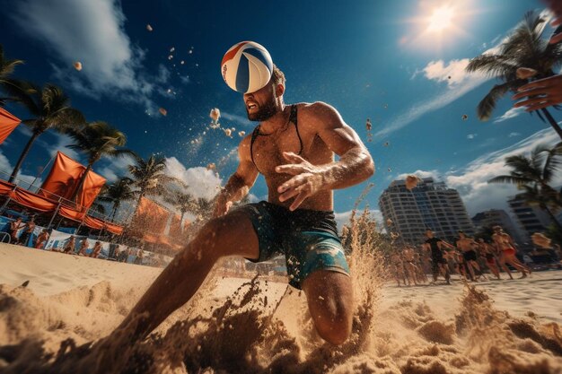 ein Mann in einer Beachvolleyballmütze läuft durch Sand