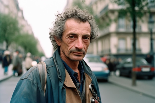 Ein Mann in einer blauen Jacke steht in Paris auf der Straße.