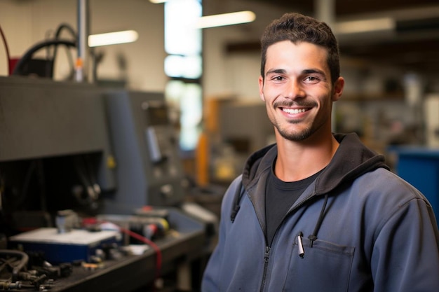 Foto ein mann in einer blauen jacke steht vor einem computer