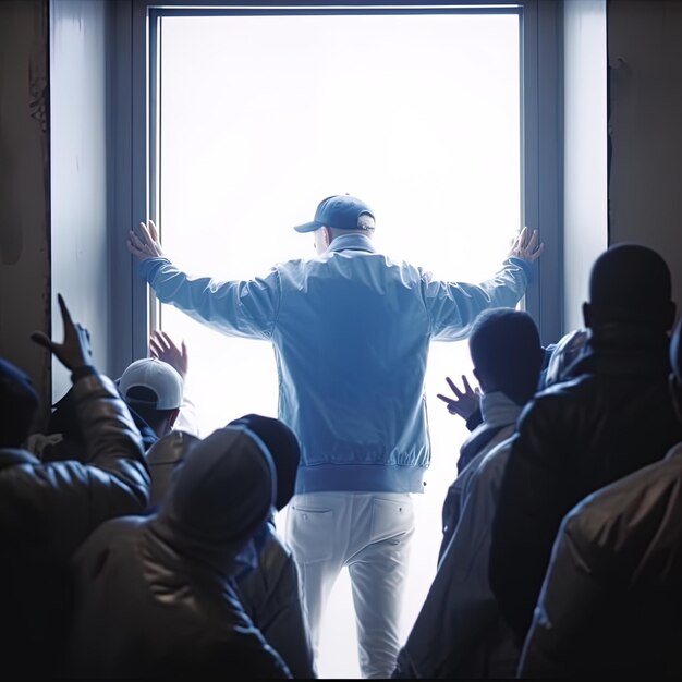 ein Mann in einer blauen Jacke steht vor einem Fenster mit ausgestreckten Armen