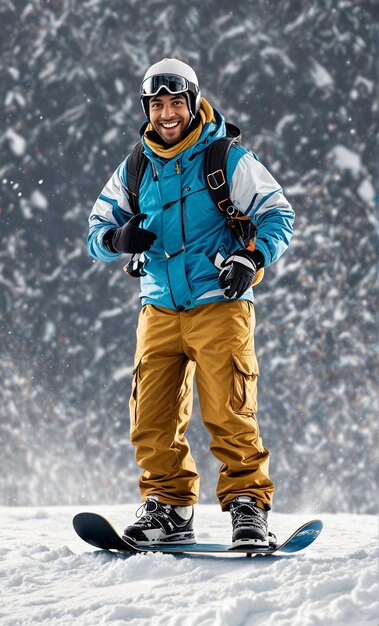 Foto ein mann in einer blauen jacke und gelben hose beim snowboarden