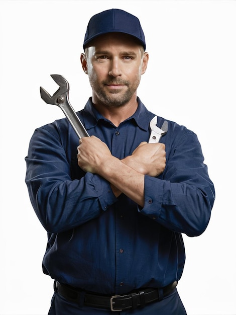 ein Mann in einer blauen Uniform, auf der steht: "Er hält einen Schraubenschlüssel".
