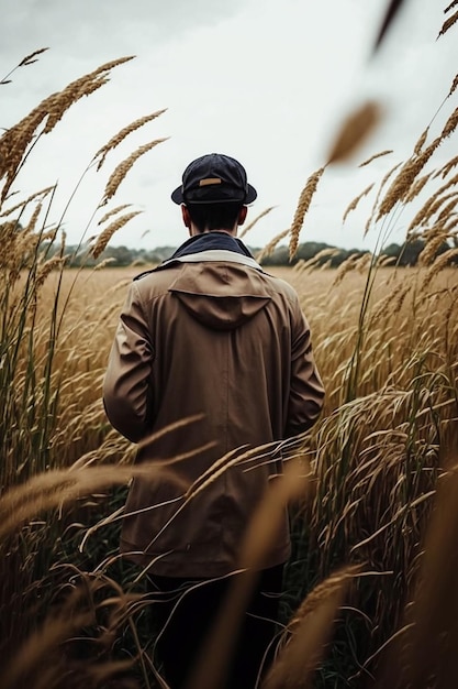 Ein Mann in einer braunen Jacke geht durch ein Feld mit hohem Gras.